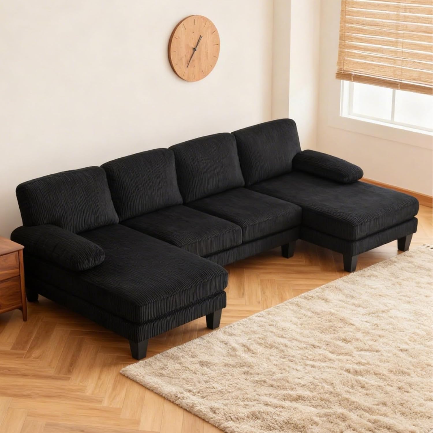 Karl home U-Shape Sectional Sofa Couch 111' Modern 4-Seat Sofa with Chaises Corduroy Fabric Upholstered Covertible Couch with Wood Grain Legs for Living Room, Reception Room, Apartment, Black