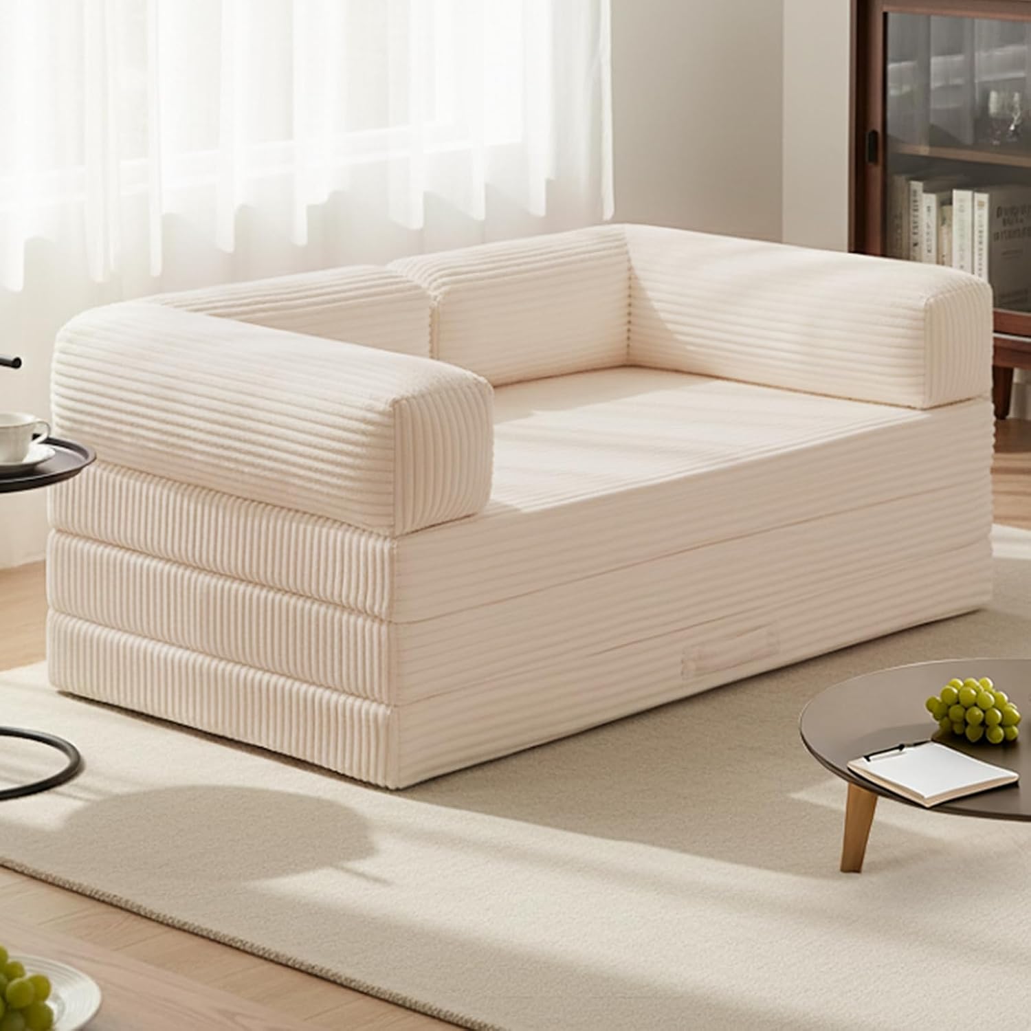 Tri-Fold Foldable Mattress, Convertible Folding Sofa Bed with Removable Arms & Washable Cover, All-in-One Portable Mattress Floor Sofa Bed, No Assembly Required & Non-Slip, Queen Size, Beige