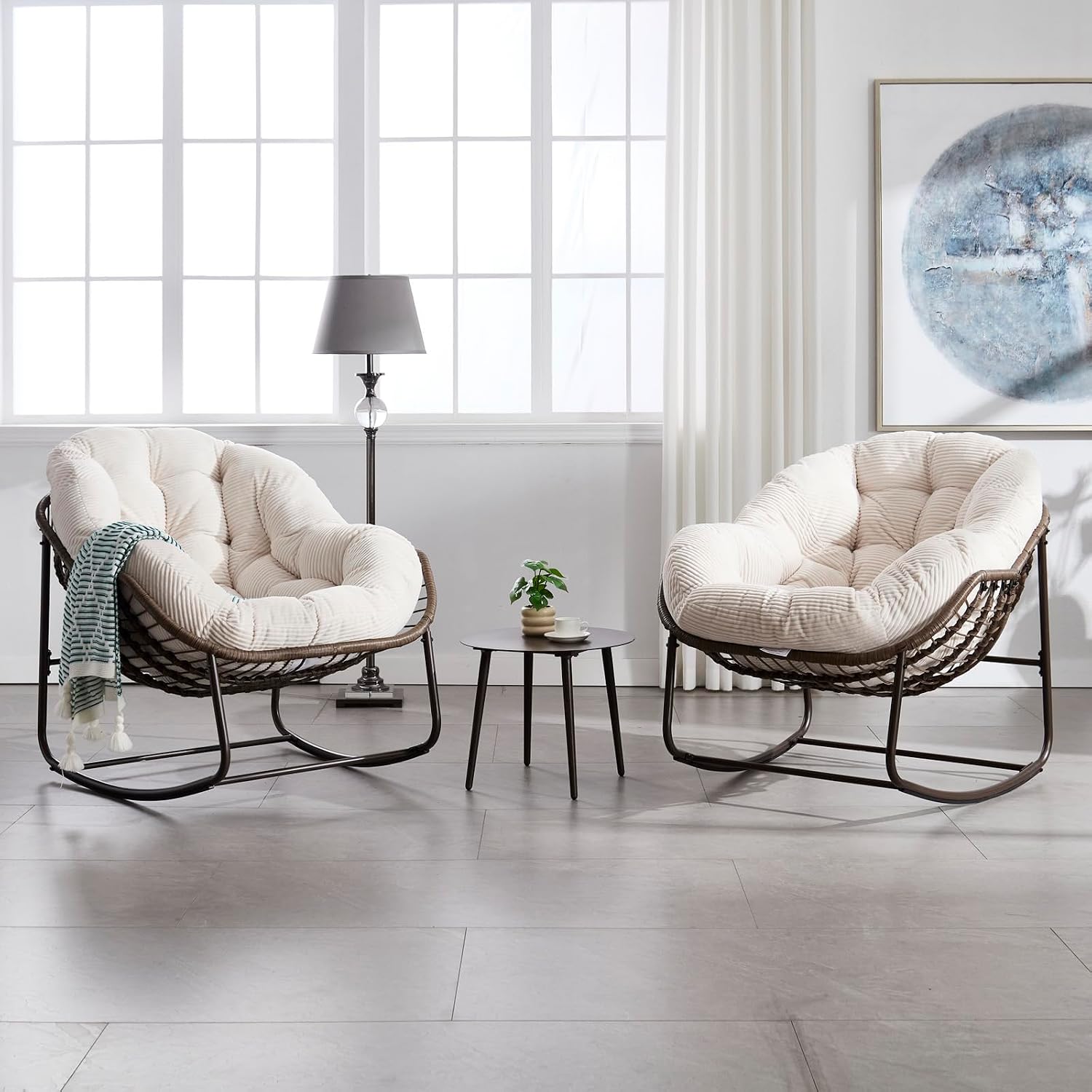 Outside Rattan Rocking Chair with Wicker Cushion, Oversized Lounge Papasan Chair, Outdoor Camping Chairs Patio Furniture for Garden, Balcony, Front Porch & Living Room, White