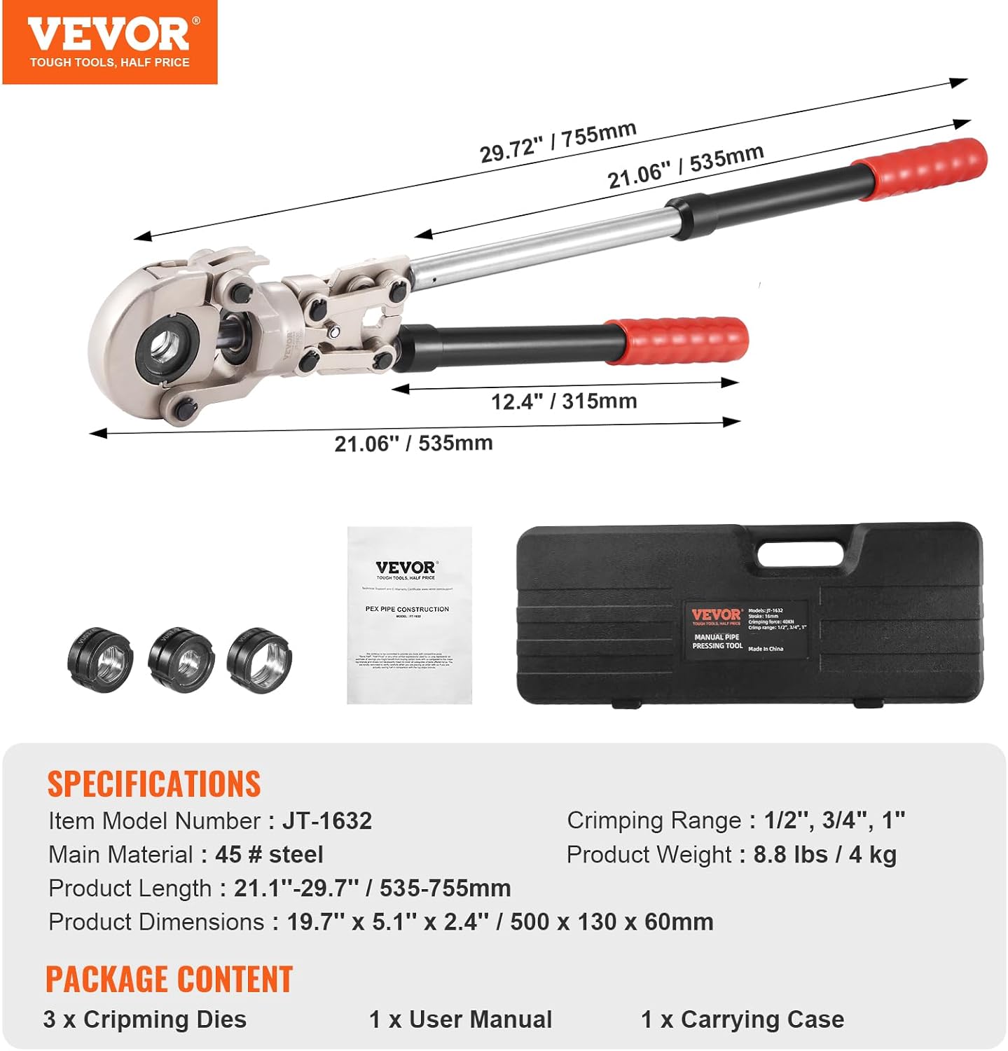 VEVOR Copper Press Tool Tube Fittings Crimping Kit, 360° Rotatable Press Crimper Tool with 1/2', 3/4', 1' Quick Change Jaws, Locking Pin & Extendable Handle, Meet ASTM B88 and B75 Standard