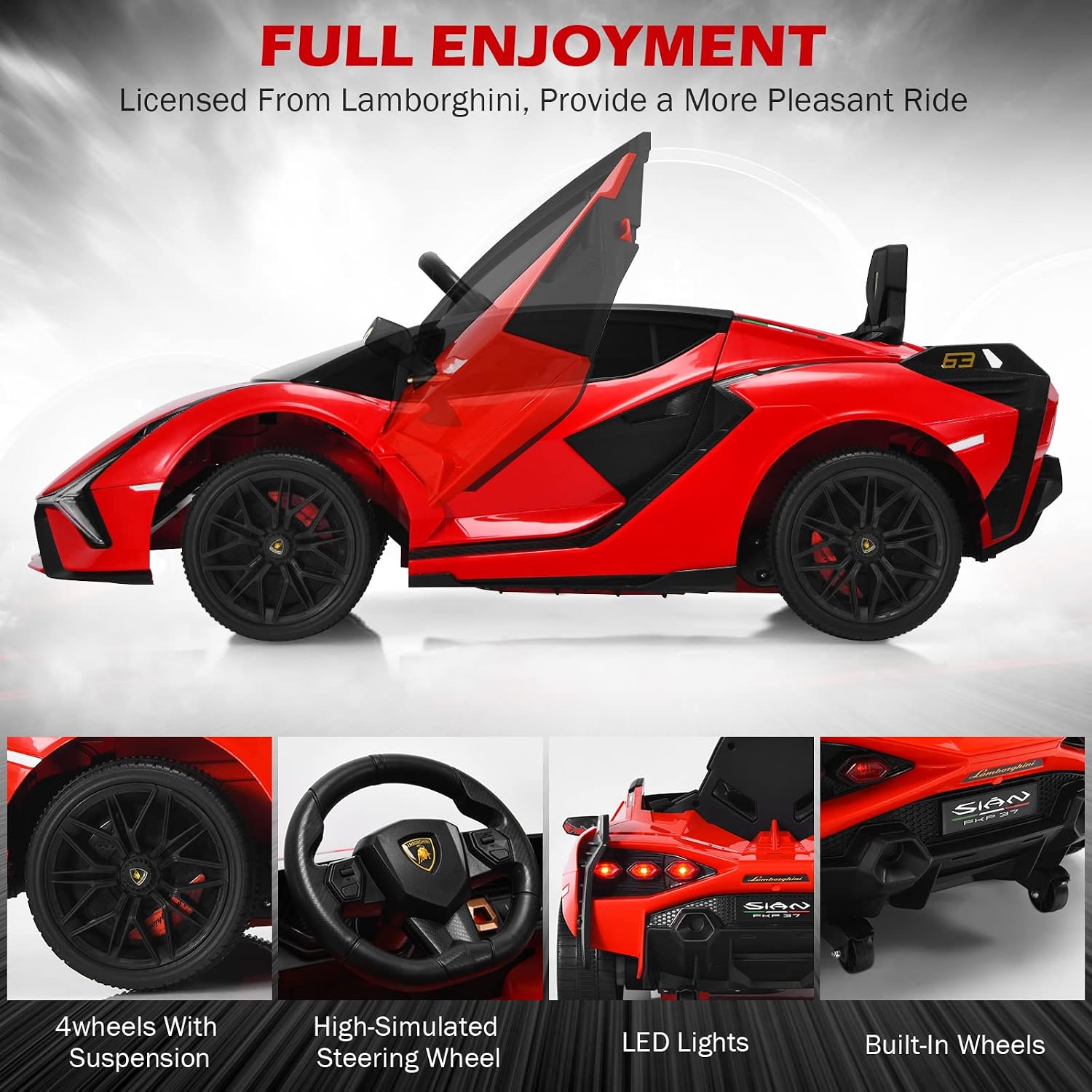 INFANS 12V Licensed Lamborghini Sian Kids Ride On Car with Parent Remote Control, Spring Suspension, MP3 Player, Electric Toy Roadster Carbon Fiber Textured for Toddler (Red)