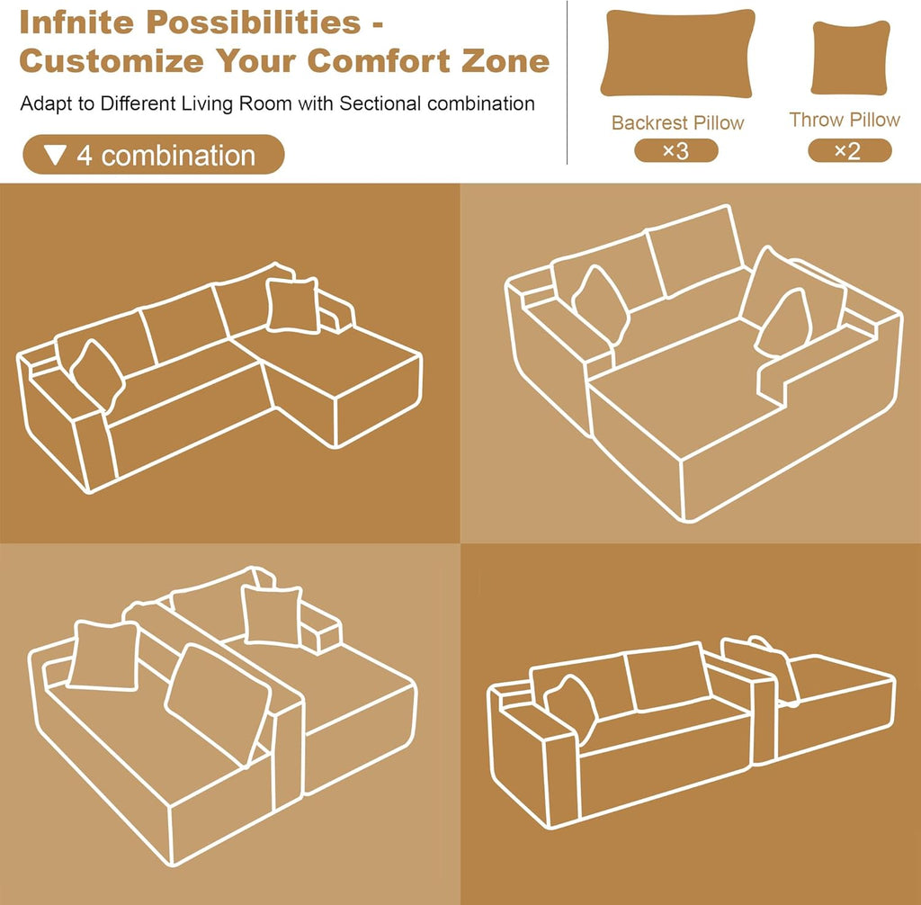 AUGOP 108' Sectional Couches for Living Room Modern Modular Sofa with L-Shape Couchs Upholstered Boneless Couch Deep Seat Sectional Couch with Chaise (Camel, Right Facing Chaise+2Seaters)