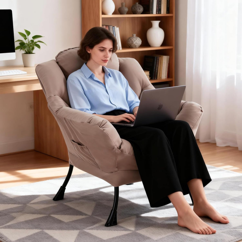 MBOOYOME Lazy Chair, Modern Soft Reading Chair Accent Contemporary Sofa Chair with Armrests and a Side Pocket for Living Room, Bedroom, Dorm & Office, Khaki