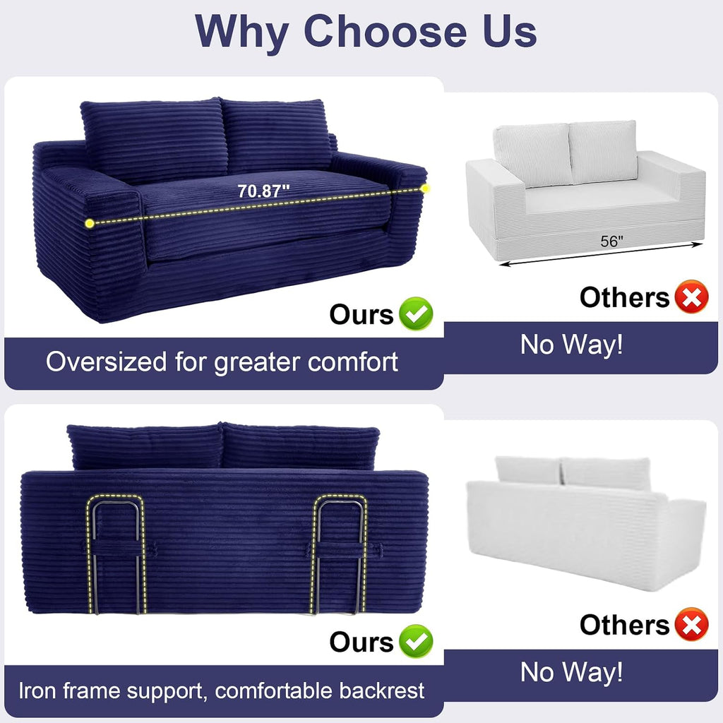 GNIXUU Corduroy Cloud Loveseat Sofa, 2 in 1 Convertible Sleeper Sofa with Fixed-Shape Frame, Comfy Folding Boneless Love Seat Couches for Living Room, Apartment, Small Spaces Blue