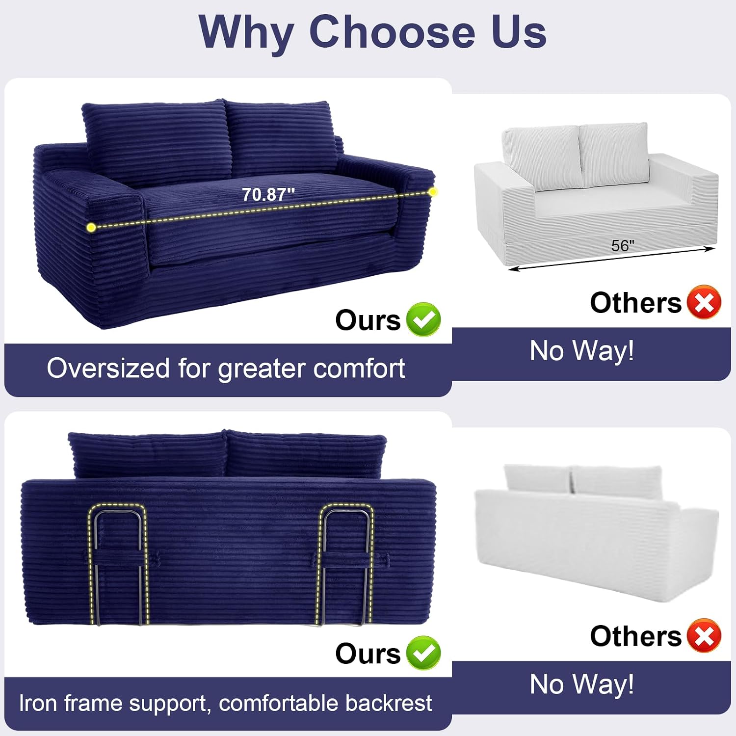 GNIXUU Corduroy Cloud Loveseat Sofa, 2 in 1 Convertible Sleeper Sofa with Fixed-Shape Frame, Comfy Folding Boneless Love Seat Couches for Living Room, Apartment, Small Spaces Blue