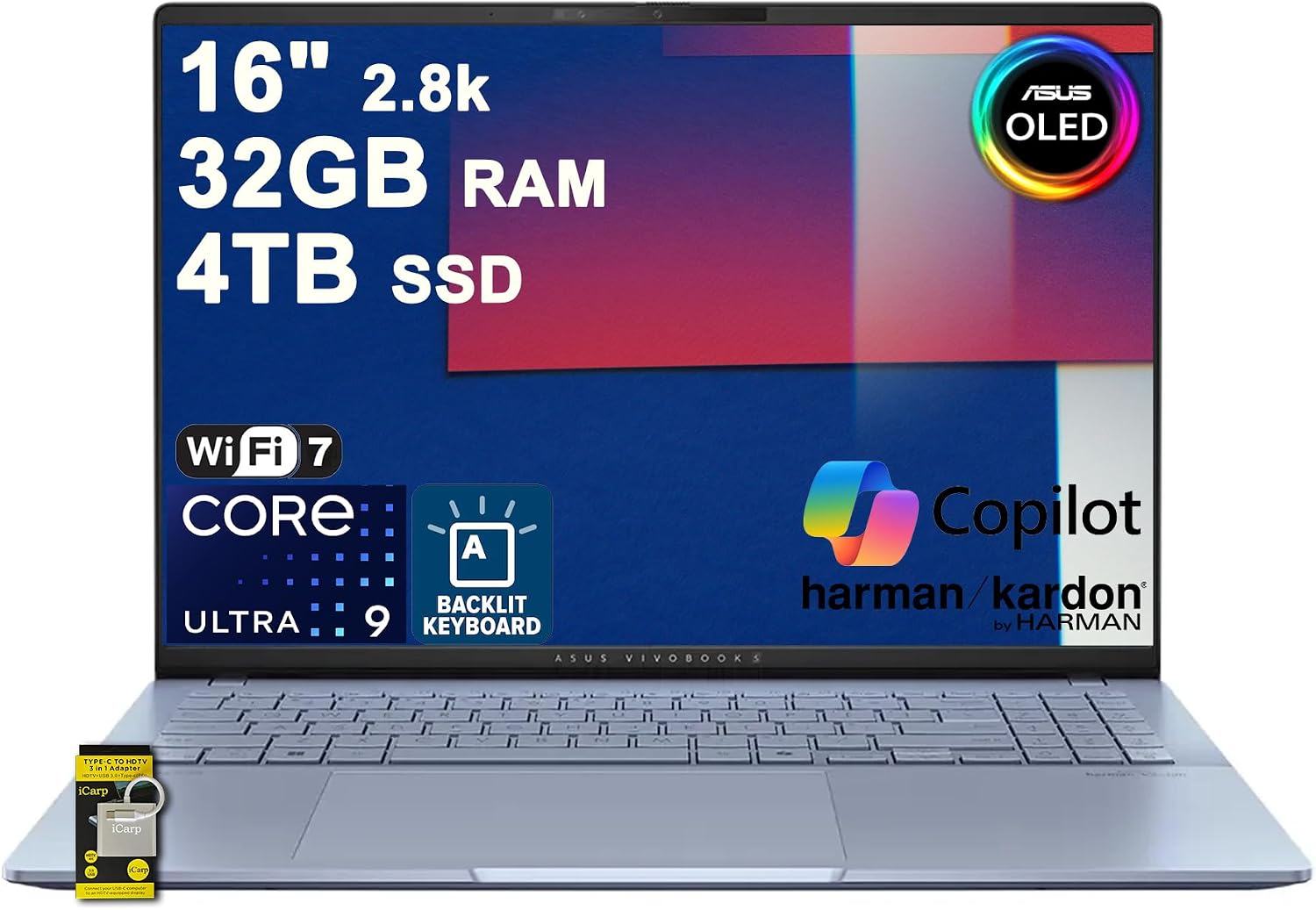 ASUS Vivobook S16 AI PC Laptop 16' 2.8k OLED 120Hz (600nits HDR, 100% DCI-P3) Intel 16-core Ultra 9 285H 32GB DDR5 4TB SSD Backlit for Creator Business Professional Work Win11 ICP Hub w/Copilot+ AI
