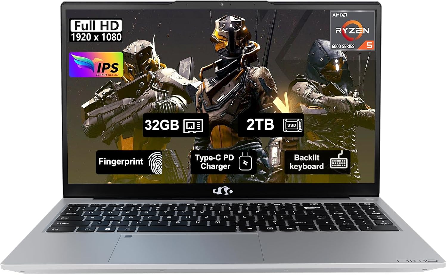 NIMO 15.6'' FHD IPS Business-Laptop-Computer - 6 Cores AMD Ryzen 5 6600H, 32GB DDR5 RAM 2TB SSD(Beat Ryzen 7 5700U, Up to 4.5GHz), 100W Type-C, 6 Cores 660M GPU, Fingerprint, Backlit Keyboard