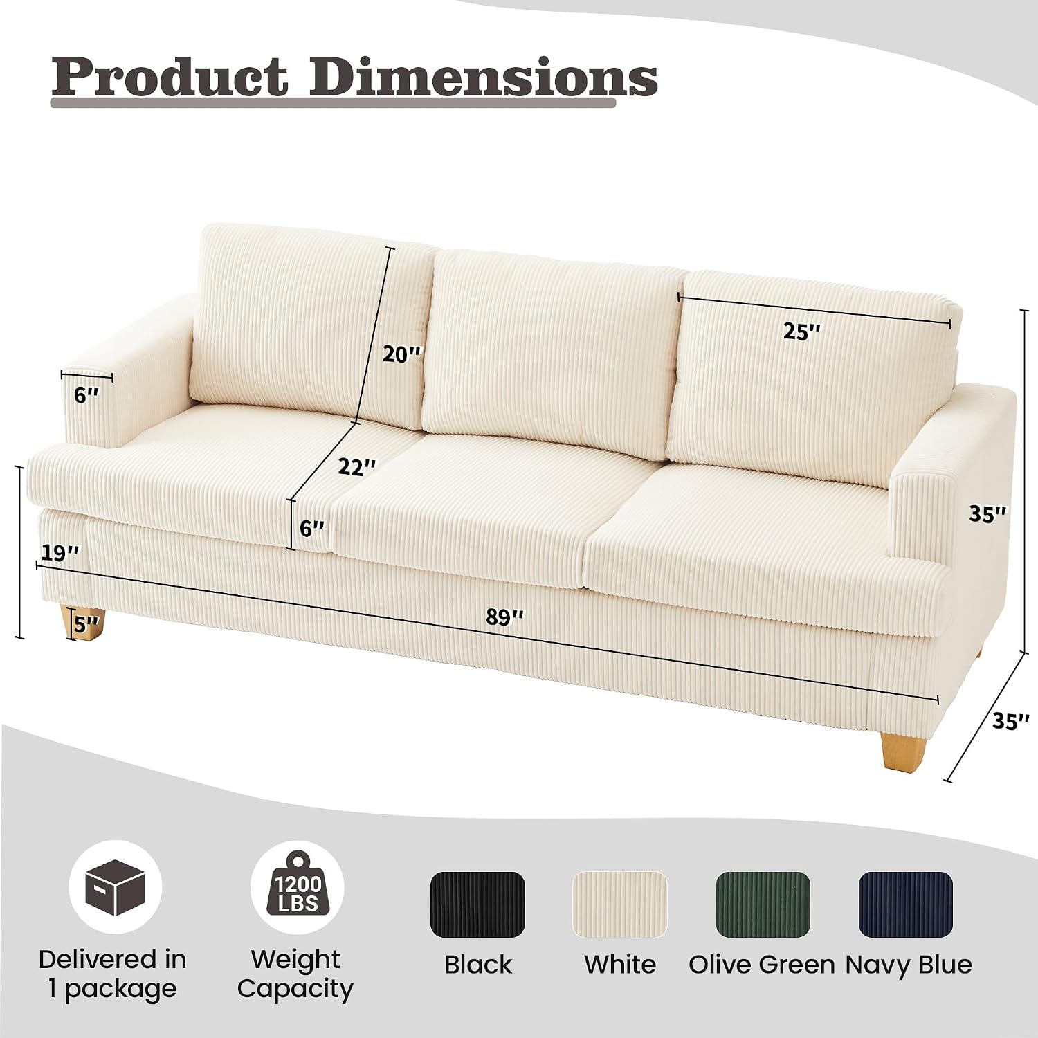 Apicizon 89' 3-Seater Sofa Couch for Living Room, Modern Sofa with Removerable Cover for Apartment Lounge, Comfy Corduroy Sleeper Couch, White