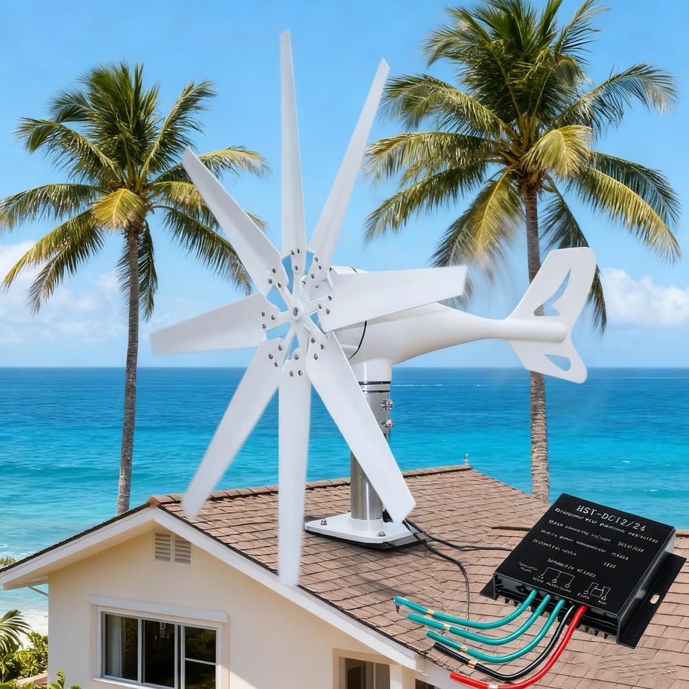 24V,HYZHANHONG 12V/24V/48V Horizontal Wind Turbine Generator 1000W Low Noise 8 Blades Wind Power Turbine Generator Kit 3-Phase AC Windmill with Controller