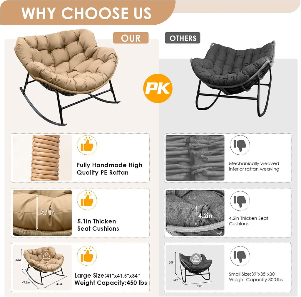RADIATA Rocking Papasan Chair Outdoor with Cushion, Oversized Extra Large Padded Patio Lounge Chairs, Deep Wide Royal Rocking Chair with 450 lbs Capacity for Backyard, Outside, Garden, Lawn, Brown