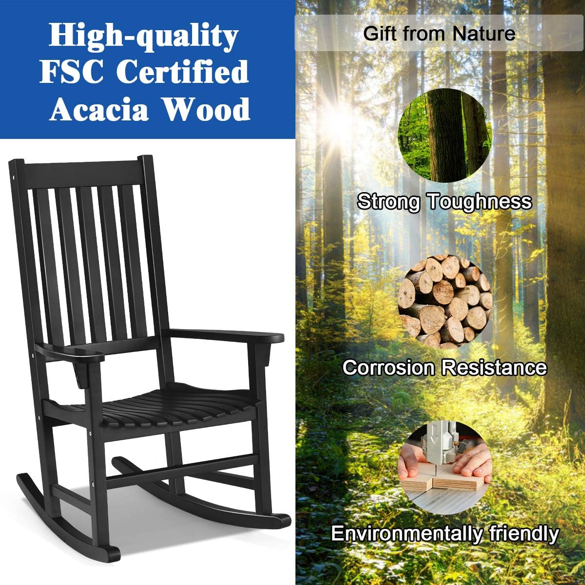 Giantex Rocking Chair Acacia Wood Frame Outdoor& Indoor for Garden, Lawn, Balcony, Backyard and Patio Porch Rocker (2, Black)