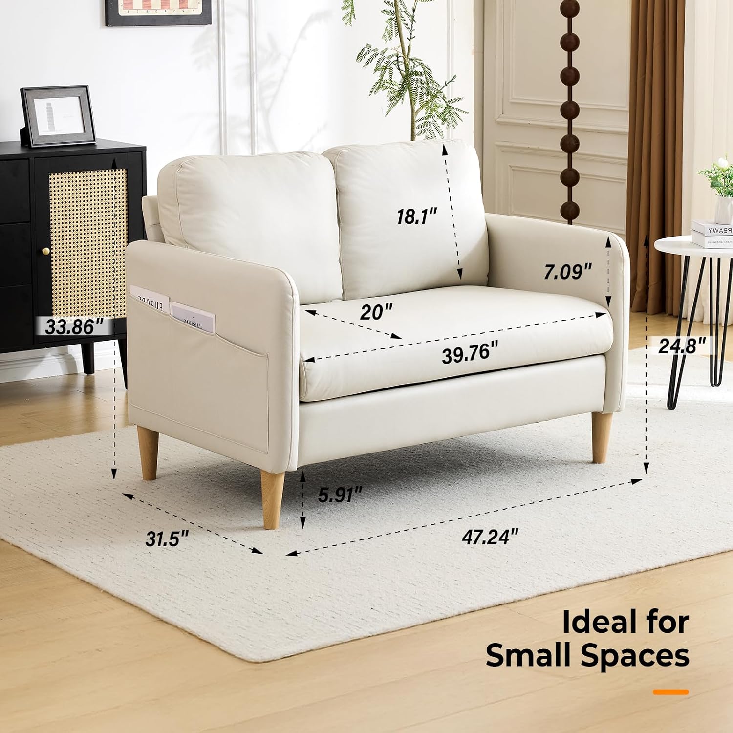VINGLI 47' Small Couch, Beige Loveseat Mini Couch Mid Century Modern Decor Love Seat for Small Spaces Living Room, Bedroom, Play Room