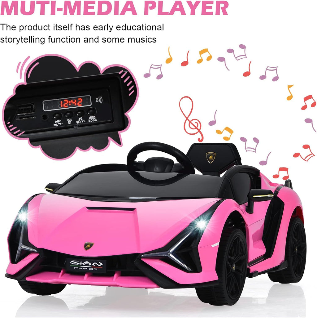 INFANS 12V Licensed Lamborghini Sian Kids Ride On Car with Parent Remote Control, Spring Suspension, MP3 Player, Electric Toy Roadster Carbon Fiber Textured for Toddler (Pink Black)