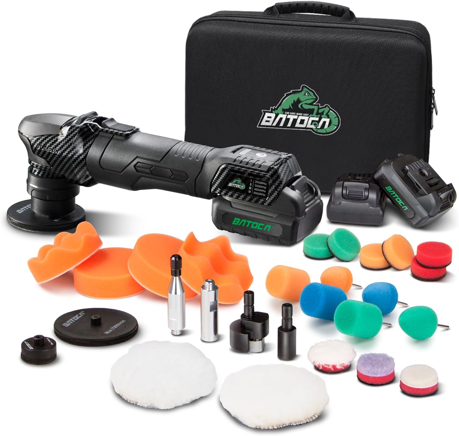 BATOCA S4 Cordless Multi-Polisher-Set, with 2Pcs 12V 2.5Ah Batteries, RO&DA Car Buffer Polisher, 1&3inch Mini Brushless Polisher for Car Detailing, Carbon Style
