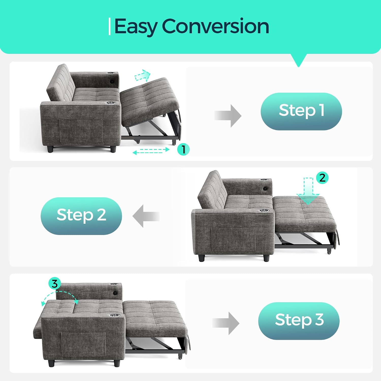 LINSY 54' Pull Out Couch with Charging Station, Small Sleeper Sofa Bed with Cup Holder, 3 in 1 Convertible Loveseat Sleeper Couch for Apartment, Dorm Room, Bedroom and Small Space, Gray