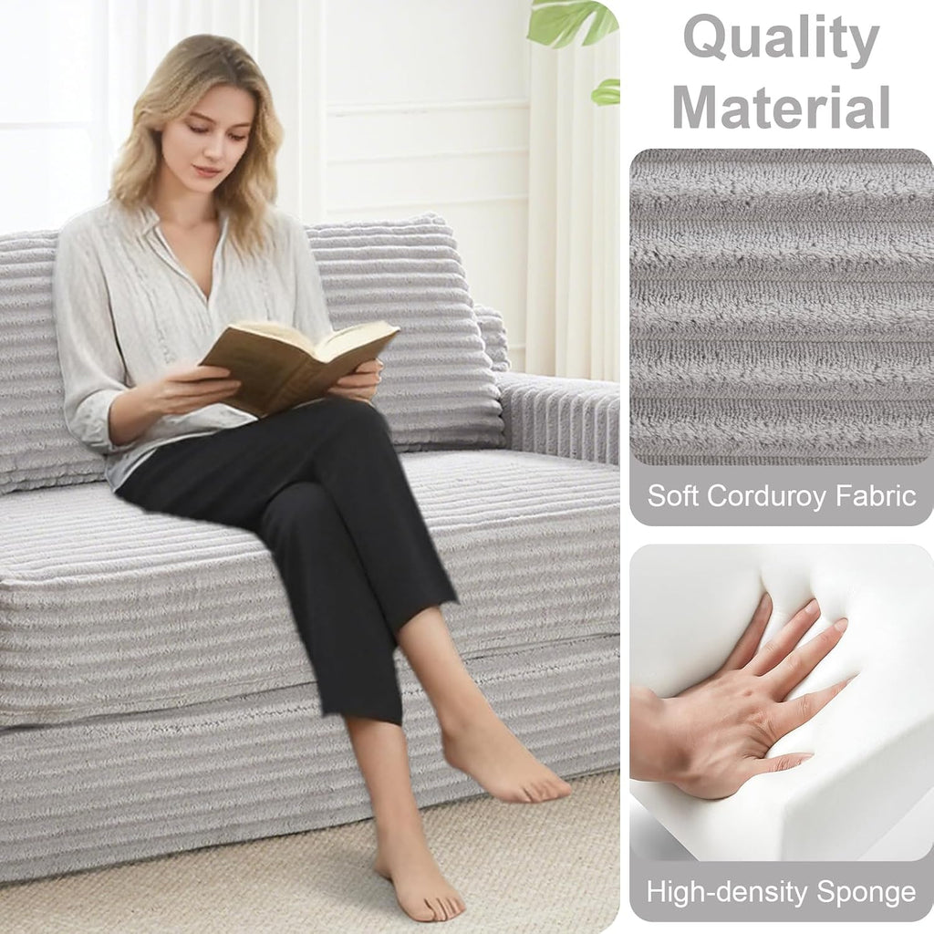 GNIXUU Corduroy Cloud Loveseat Sofa, 2 in 1 Convertible Sleeper Sofa with Fixed-Shape Frame, Comfy Folding Boneless Love Seat Couches for Living Room, Apartment, Small Spaces Grey