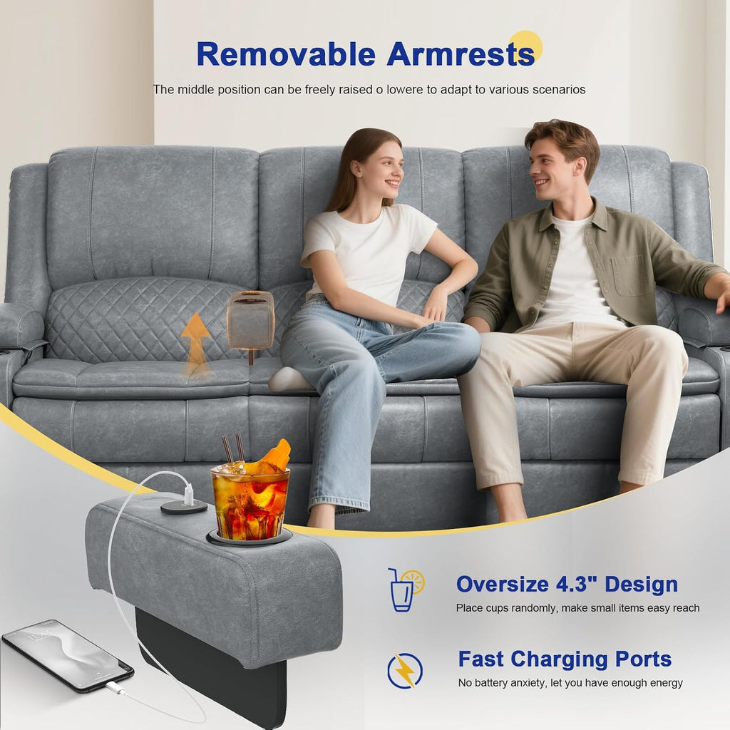 Recliner Sofa 3 Seater Sofa with Recliner, Home Theater Seating with Liftable Console & Removable Armrest, Manual PU Leather Reclining Couch with Cup Holders & USB Ports for Living Room/RV (PU,Grey)