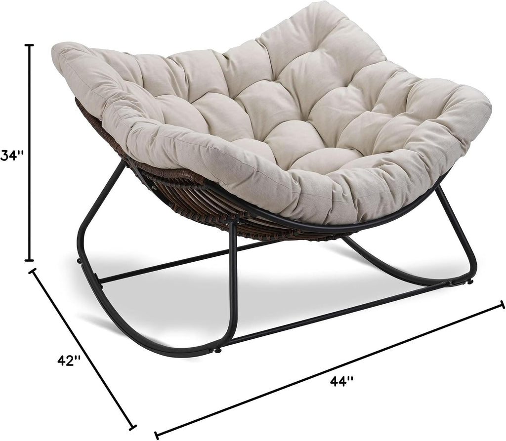 Outdoor Papasan Rocking Chair Oversized, Rattan Rocking Chair, Patio Wicker Egg Chair with Padded Cushion, Rocker Egg Chair for Living Room, Patio, Front Porch, Backyard