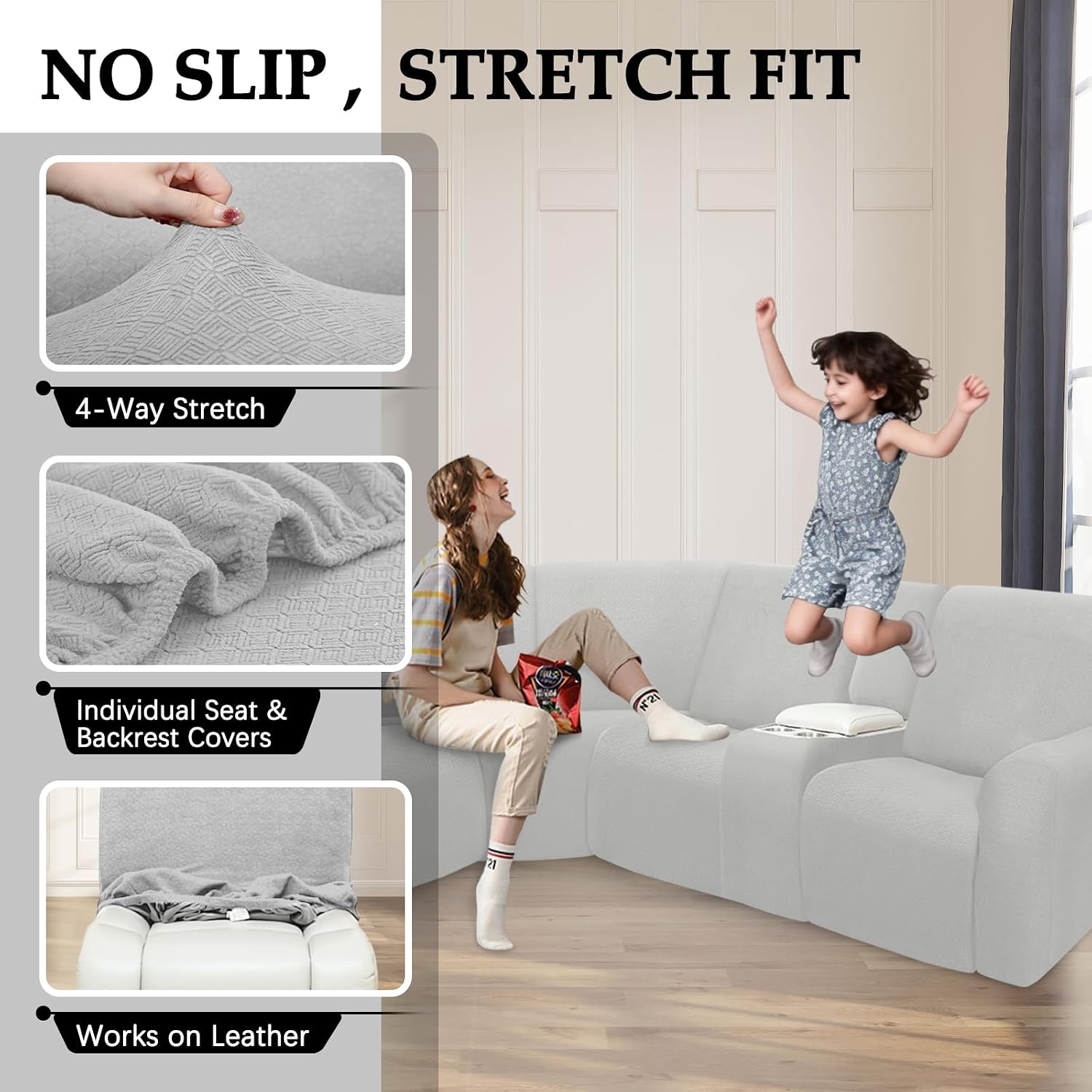 Reclining Sectional Couch Covers Waterproof L Shape Washable Recliner Sofa Cover for L Shaped Sectional Super Stretch Soft Corner Recliner Slipcovers (5 Seater 2 Console Cover, Ash Gray)