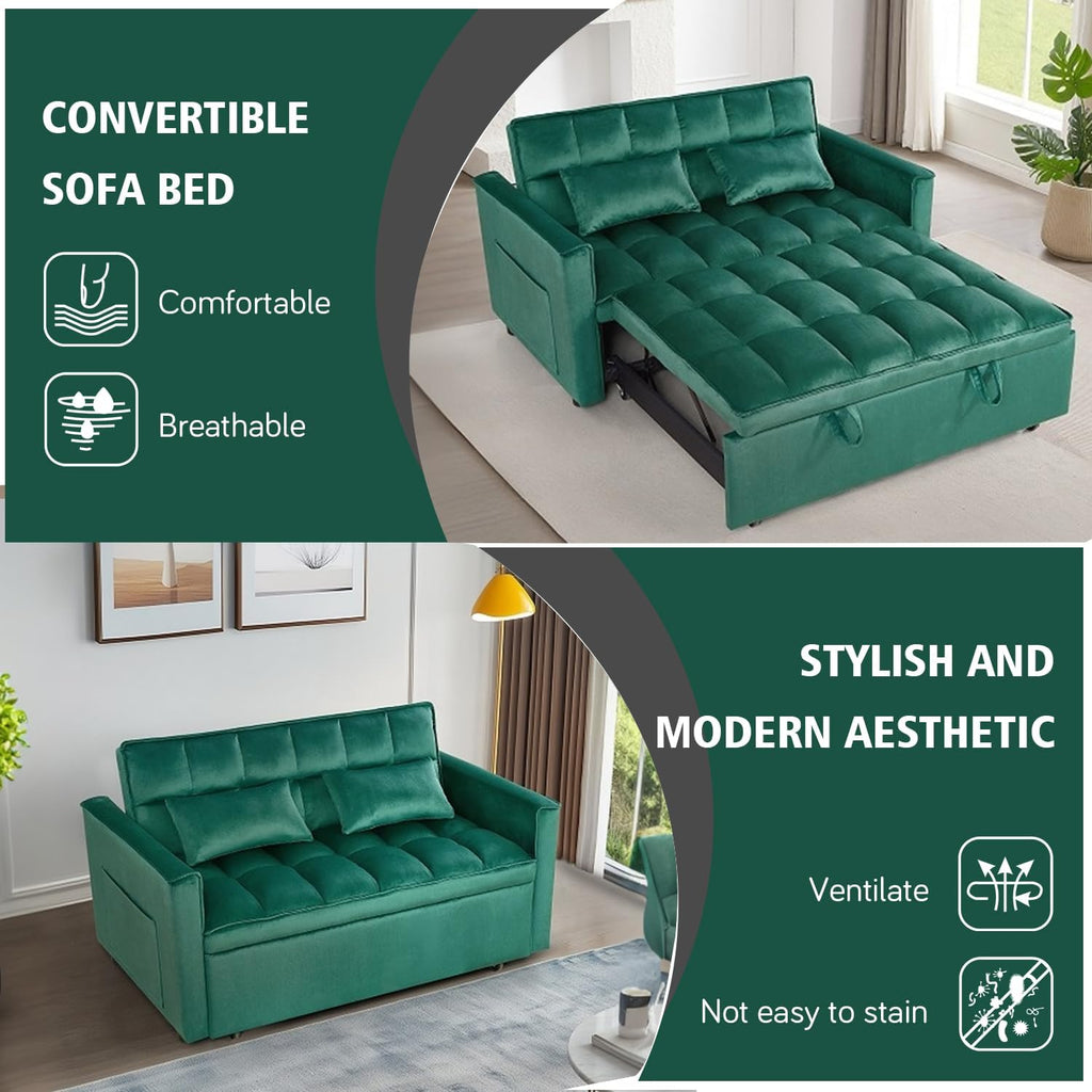 3 in 1 Convertible Sleeper Sofa Bed, 54'' Full Size Velvet Pull Out Futon Couch Recliner with Reclining Backrest & 2 Pillows, Small Loveseat Lounge Couches for Small Spaces (Dark Green)