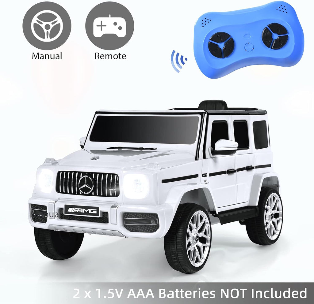 INFANS Licensed Mercedes Benz G63 Kids Ride On Car, 12V Electric Vehicle with Remote Control, Double Open Doors, Music, Bluetooth, Wheels Suspension, Battery Powered for Children Boy Girl (White)