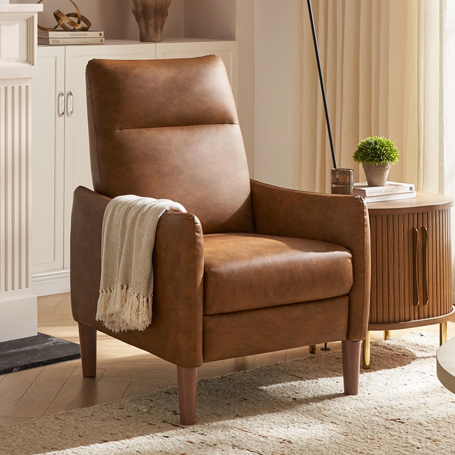 mopio Arthur Recliner Chair with 3 Positions, Accent Armchair, Mid Century Modern Reading Chair, High Back Padded Support Comfy Sleeper Armchair (Pecan Brown Faux Leather)