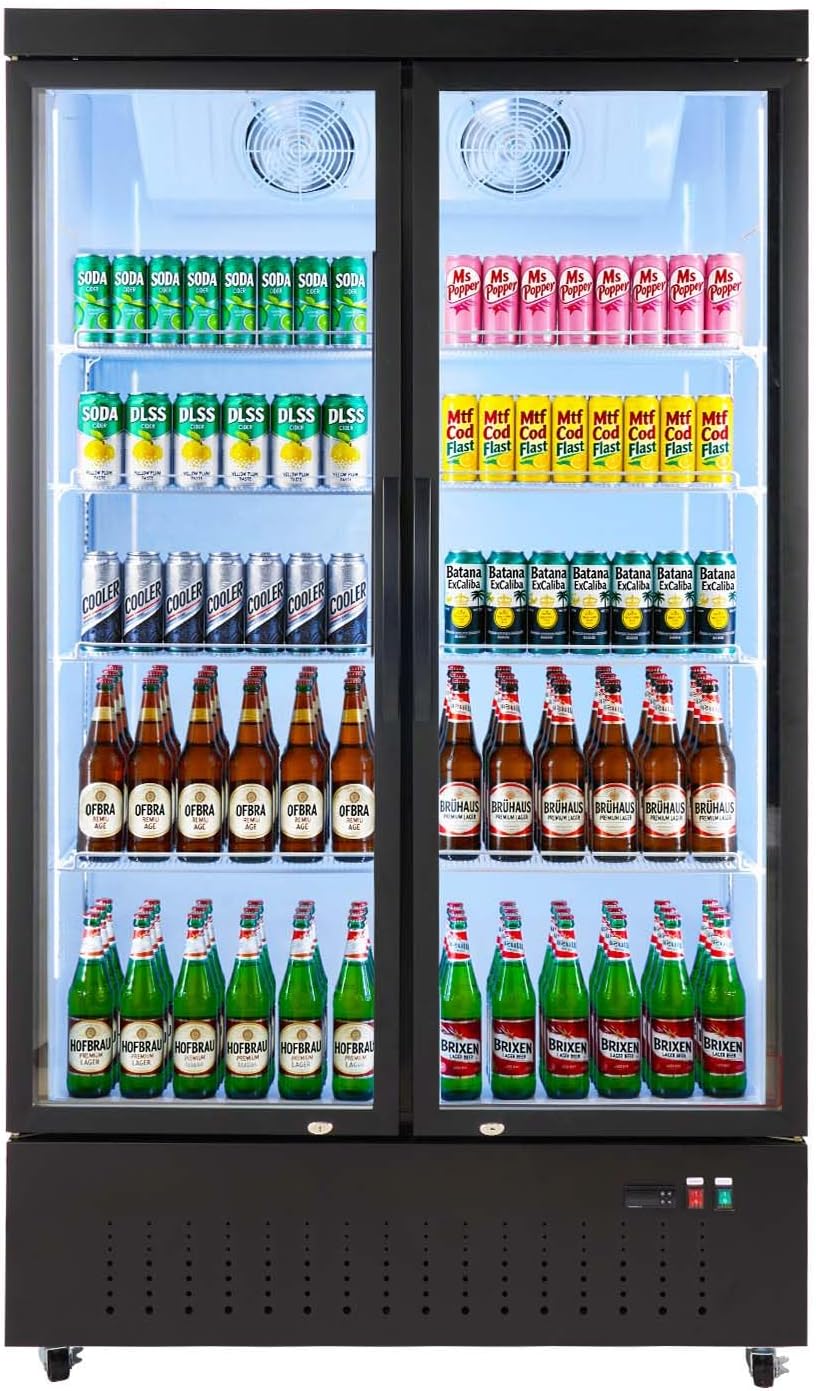 VEVOR Commercial Merchandiser Refrigerator, 29.3 Cu.Ft / 830L Upright Beverage Cooler, 2 Glass Door Display Refrigerator with 8 Adjustable Shelves, Soft LED Light & Casters for Bars Shops Supermarkets