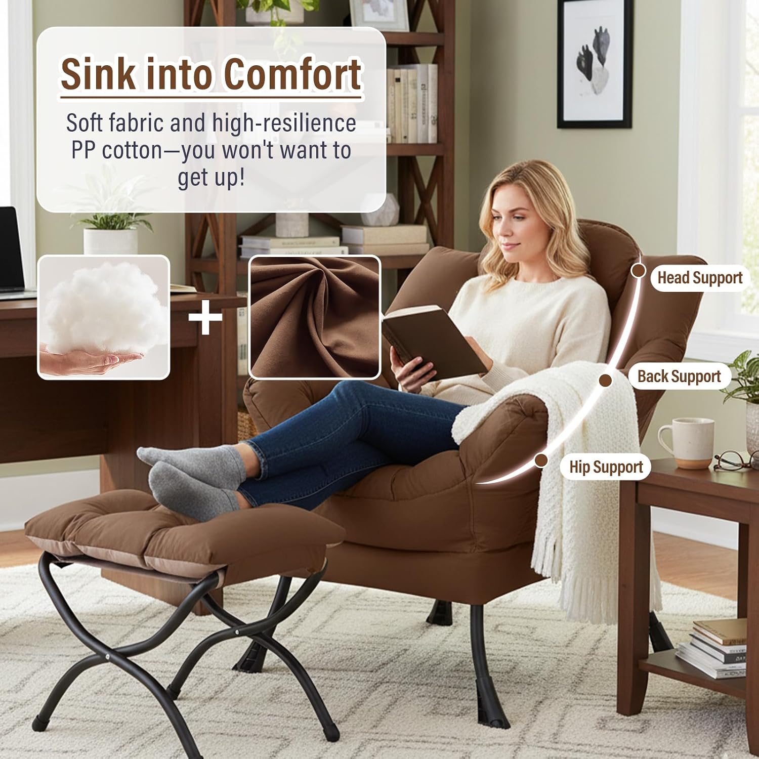 Furlide Lazy Chair with Ottoman, Modern Accent Chairs with Folding Footrest, Dark Brown Sofa Chair Set, Comfortable Reading Chairs, Oversized Armchairs for Bedroom, Study, Living Room, Courtyard