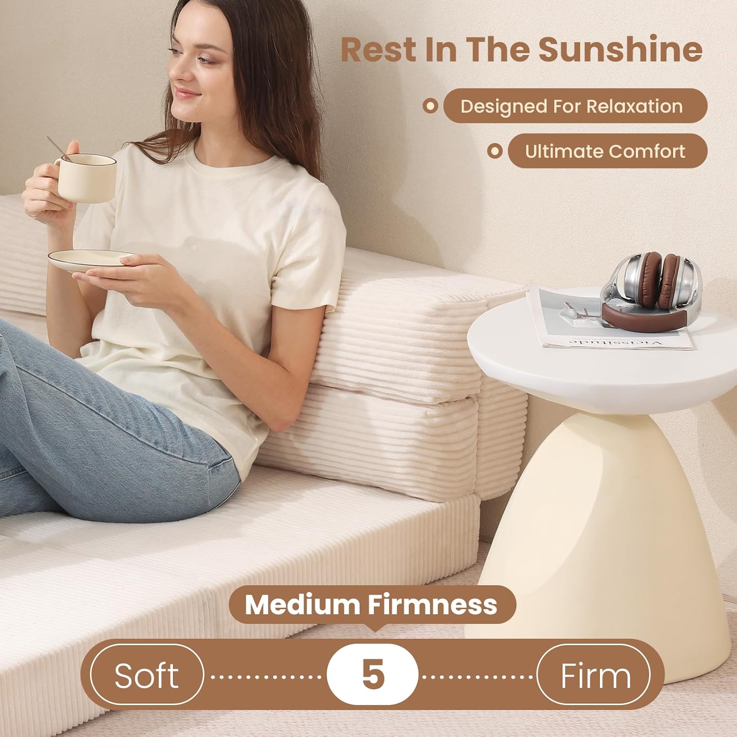 JUIKURY Folding Sofa Bed, Convertible Sleeper Chair with Pilow Foldable Matress, 2 in 1 Pull Out Loveseat Sofa Portable Fold Out Chair Bed Floor Couch Lounge for Living Room (Beige, Queen-61Inch)