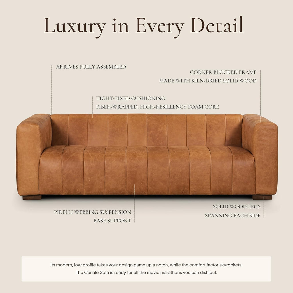 POLY & BARK Canale Sofa – 86' Channel-Tufted Italian Leather Couch – Cognac Tan Full-Grain Pure-Aniline or Semi-Aniline Leather, Solid Wood Frame & Legs