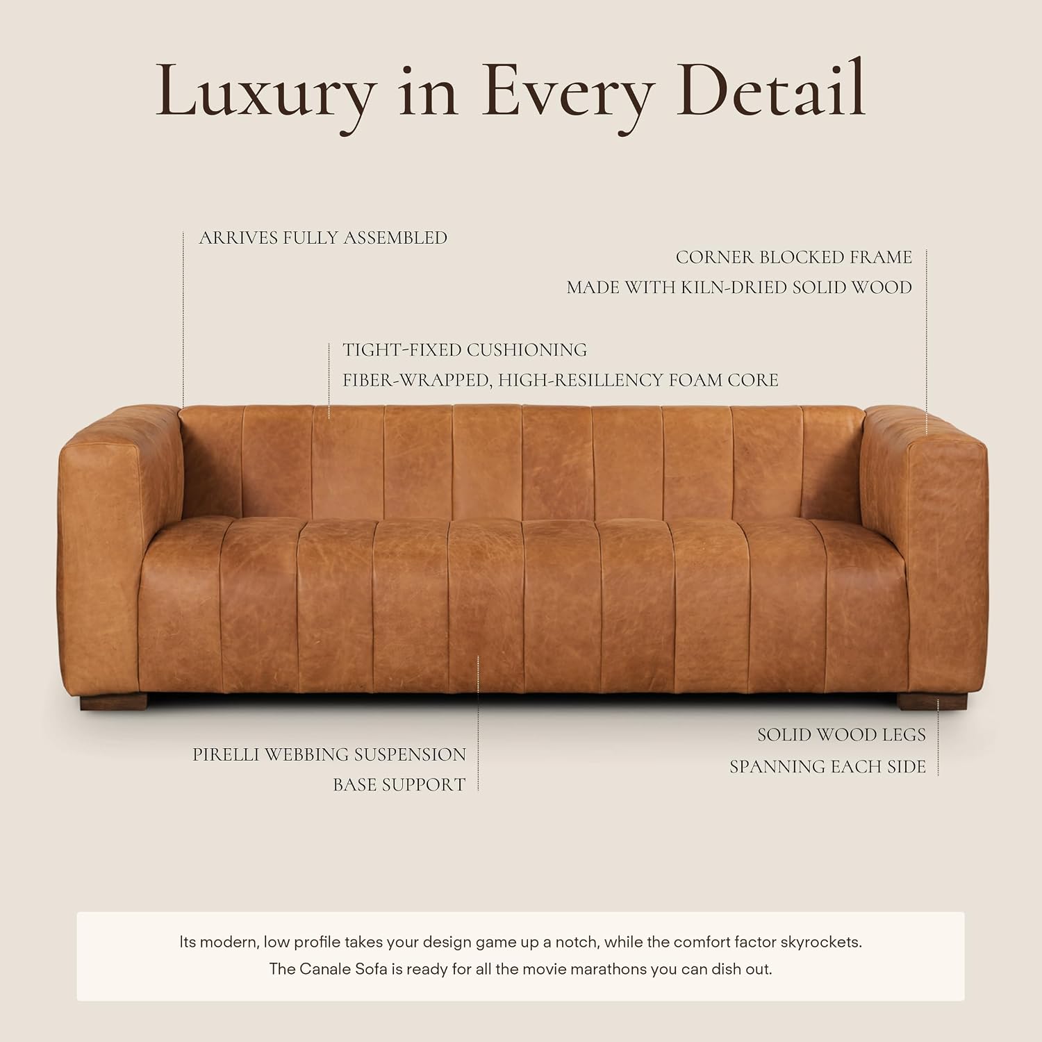 POLY & BARK Canale Sofa – 86' Channel-Tufted Italian Leather Couch – Cognac Tan Full-Grain Pure-Aniline or Semi-Aniline Leather, Solid Wood Frame & Legs