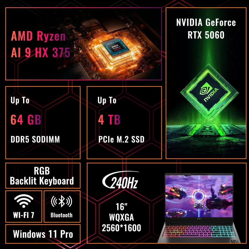HP Omen MAX 16 RTX 5060 Pro Gaming Laptop, 16' WQXGA 240Hz, AMD Ryzen AI 9 HX 375(Beats Intel i9), NVIDIA RTX 5060, 16GB DDR5 RAM, 1TB SSD, RGB Keyboard, Wi-Fi 7, W11 P, Bundle with PCO Laptop Cooler