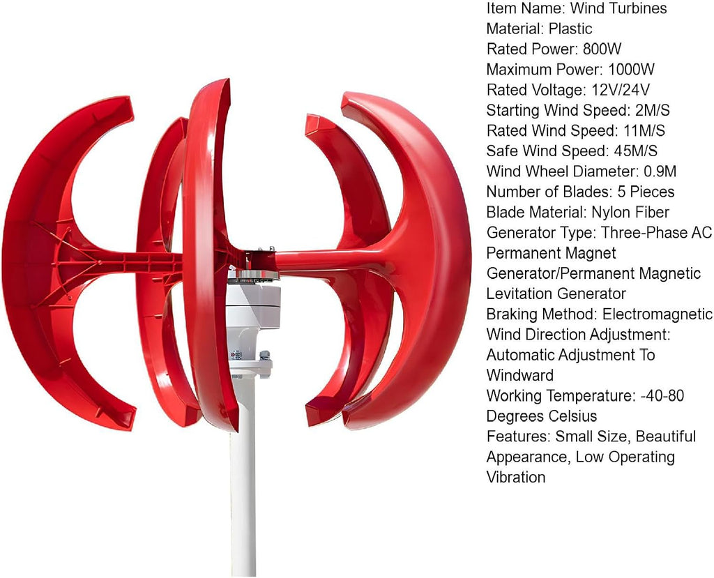 Portable Wind Turbines 1000W 12V/24V Wind Turbines Generator, 5-Blade Auto Adjust Wind Vertical Generator Kit,generador eolico para casa,for Motor Home, Chalet, Boat, Terrace Red