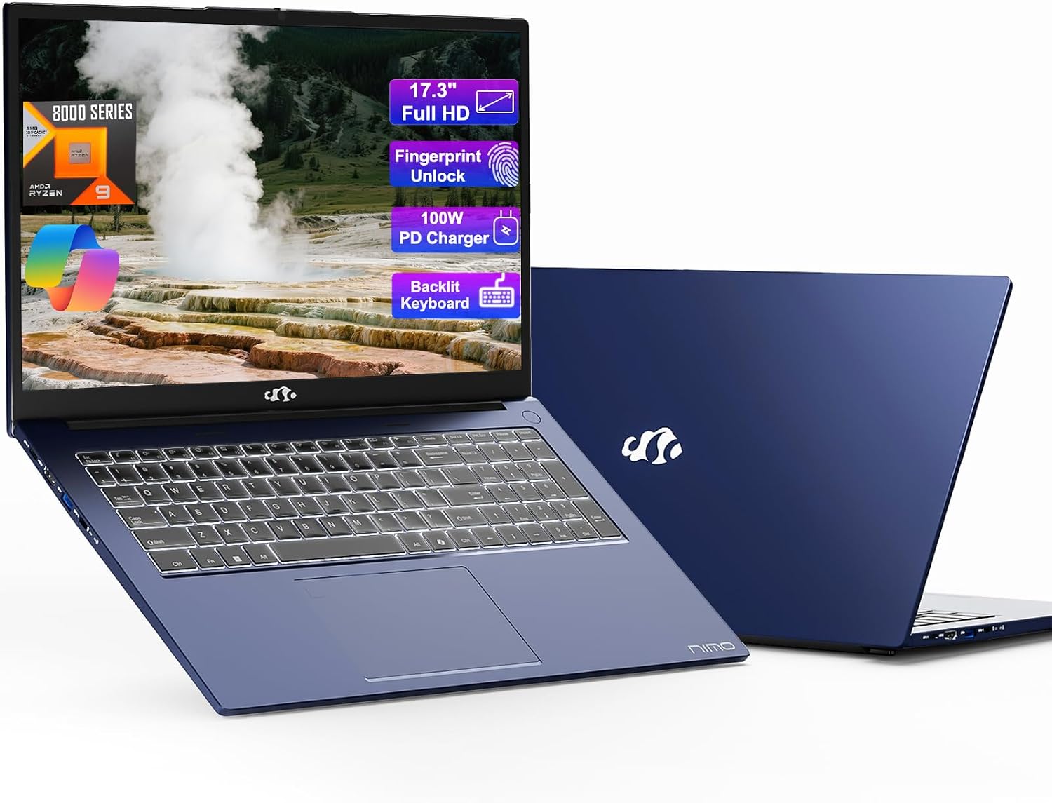 NIMO 17.3' Gaming-Laptop, Ryzen 9 8945HS 32GB RAM 2TB SSD (>i9-13900H) Radeon 780M GPU-Computer with 100W Type-C AI-Enhanced for Copilot VR Ready, Backlit KB Fingerprint, Student Business AI PC