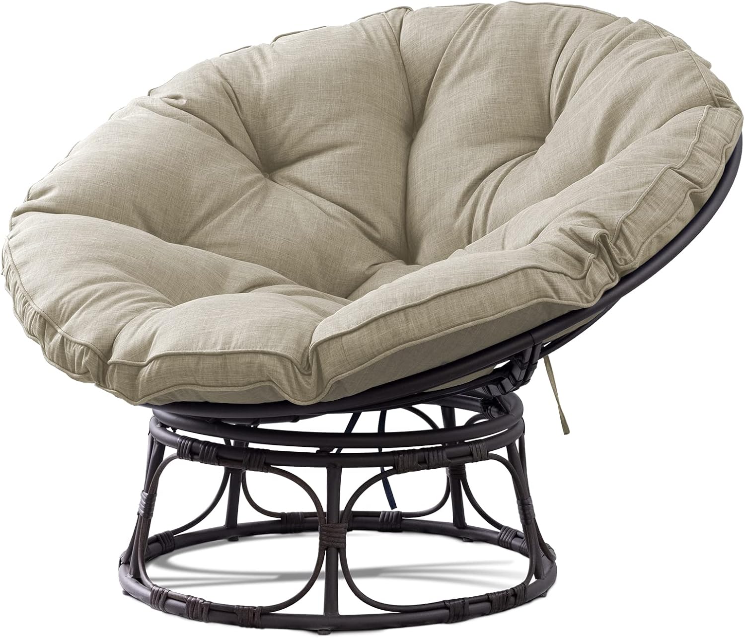 Joyside Papasan Chair with Cushion and Frame, 46'' Wicker Papasan Lounge Chair Large Saucer Chair, Brown Frame with Beige Cushion