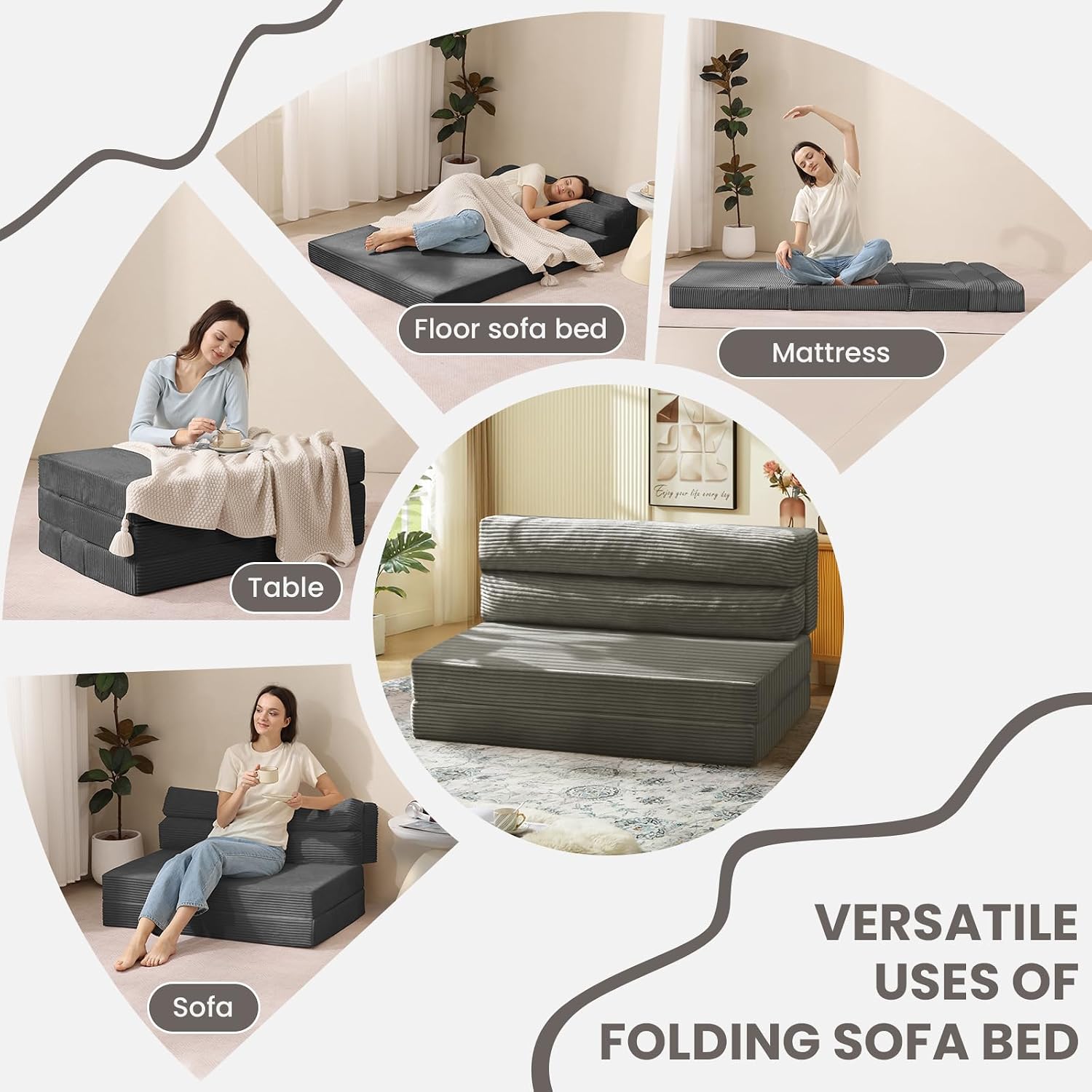 JUIKURY Folding Sofa Bed, Convertible Sleeper Chair with Pilow Foldable Matress, 2 in 1 Pull Out Loveseat Sofa Portable Fold Out Chair Bed Floor Couch Lounge for Living Room Bedroom (Grey, Full)