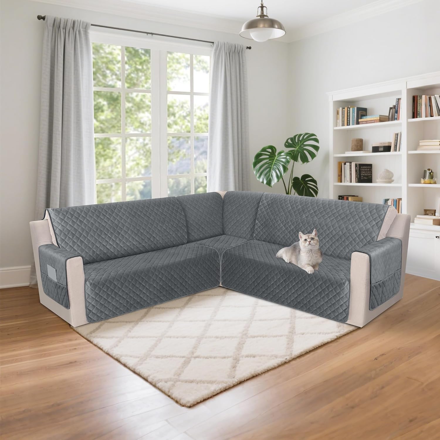 HDCAXKJ Waterproof Corner Sectional Couch Cover Velvet L Shape Sofa Covers for Pets Dogs Soft Heavy Duty U Shaped Sofa Slipcovers Sets for Sectional Non Slip Furniture Protector (Dark Gray, Small)