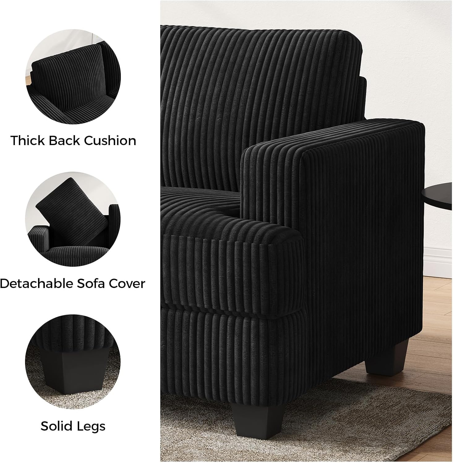 COPIAE 89 Inch Sofa with Extra Deep Seats Oversize, 3 Seater Sofa for Living Room, Modern Couch and Sofa, Comfy Armrests and Seats and Backrests, Easy Installation,Wide Corduroy Fabric Black