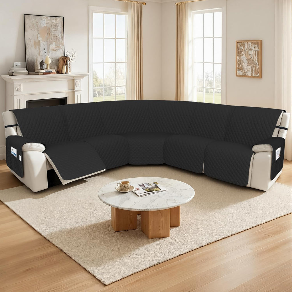 Arfntevss Recliner Sectional Couch Covers 1OO% Waterproof L Shape Sofa Cover for Reclining L Shaped Sectional Slipcover Set Dog Washable Corner Non Slip Furniture Protector (XL 5 Seater, Black)