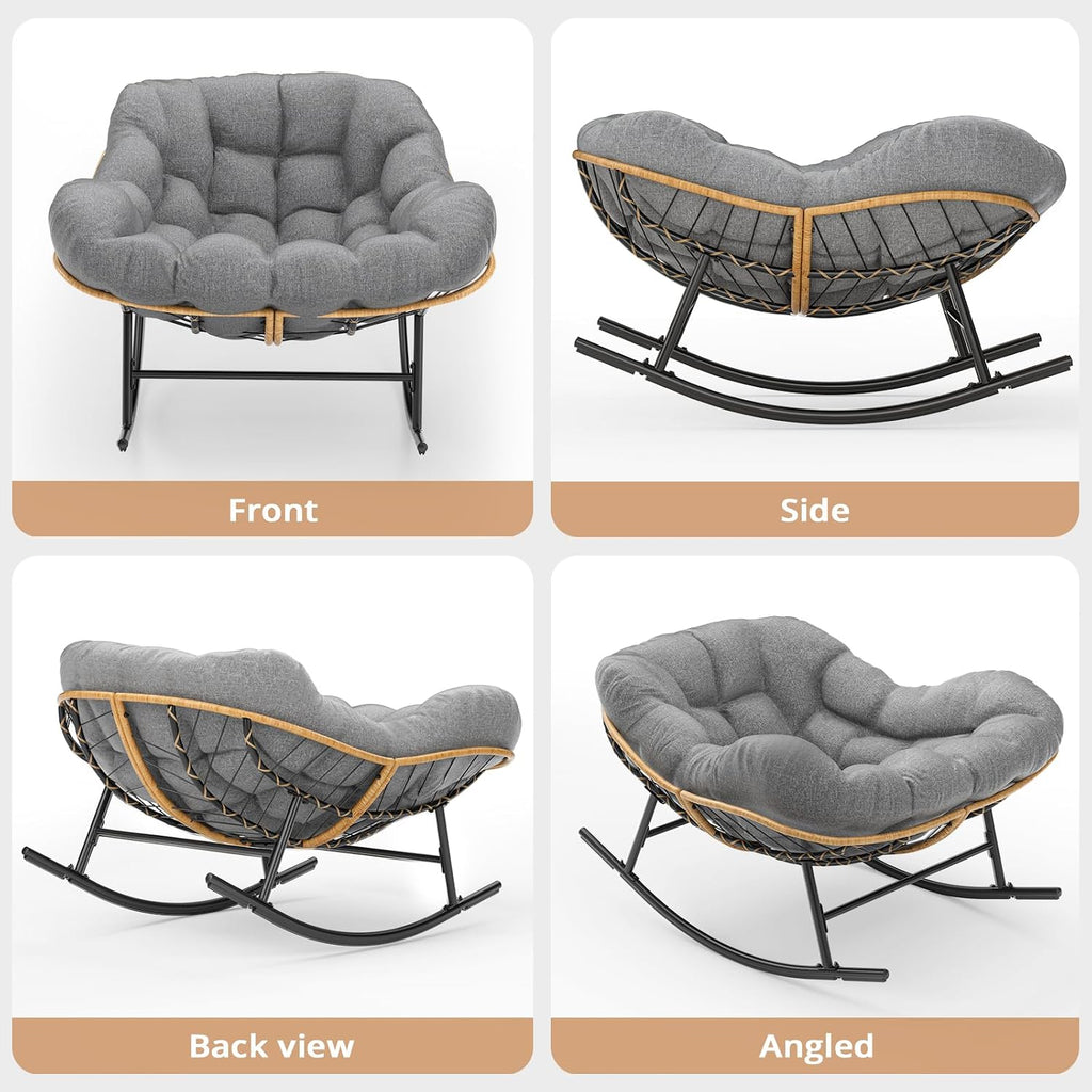 Easyego Oversized Papasan Rocking Chair Indoor Outdoor Use, Comfortable Wicker Rocker with Cozy Thicken Cushion for Deck, Balcony, Poolside, Lawn, Bedroom, Living Room, Dark Grey