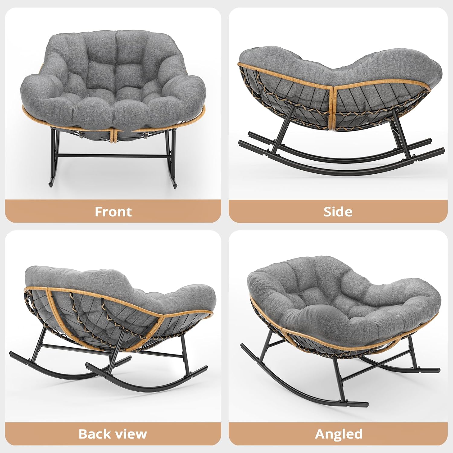 Easyego Oversized Papasan Rocking Chair Indoor Outdoor Use, Comfortable Wicker Rocker with Cozy Thicken Cushion for Deck, Balcony, Poolside, Lawn, Bedroom, Living Room, Dark Grey