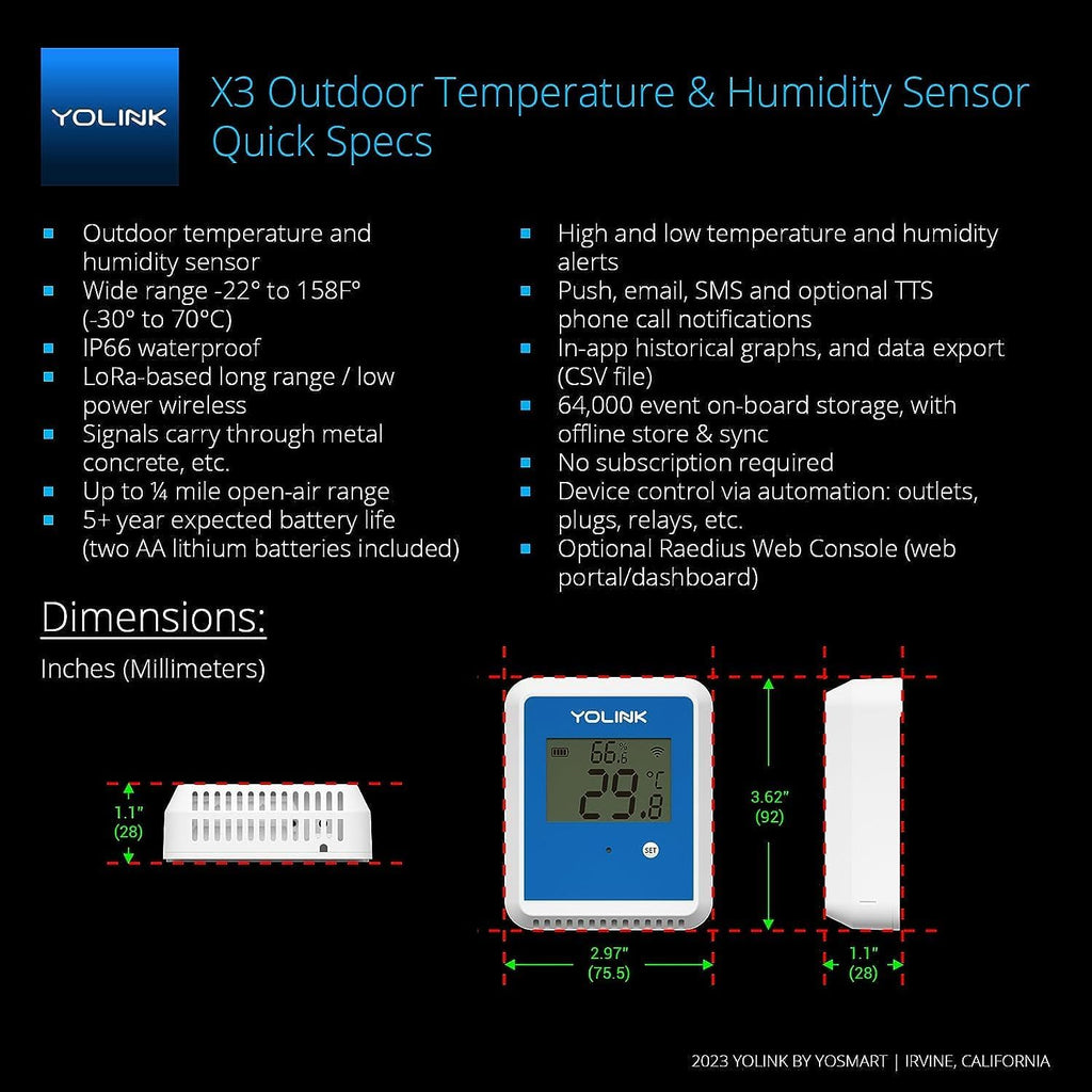 YoLink X3 Temperature & Humidity Data Logger, Hygrometer, Thermometer, 1/4 Mile Range, 5 Years Battery Life, Emails/Text/App Alerts. Pet Cage, Freezer, Greenhouse. 4G LTE Cellular Hub Included