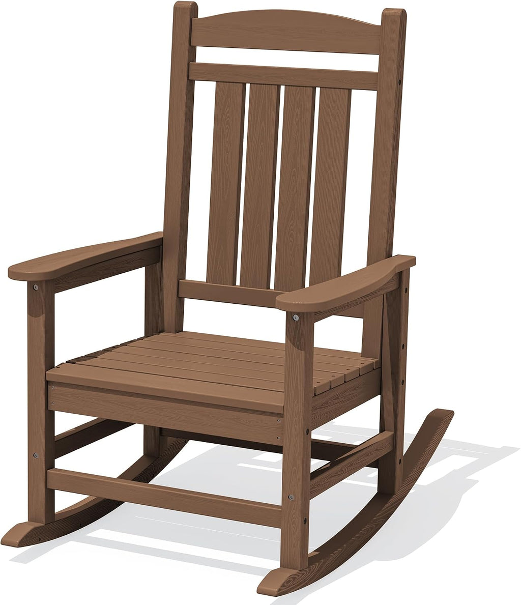 KINGYES Oversized HDPE Rocking Chairs Outdoor, Patio Rocking Chairs with 350lbs Support, Smooth Porch Rocker for Deck Lawn Yard, Brown