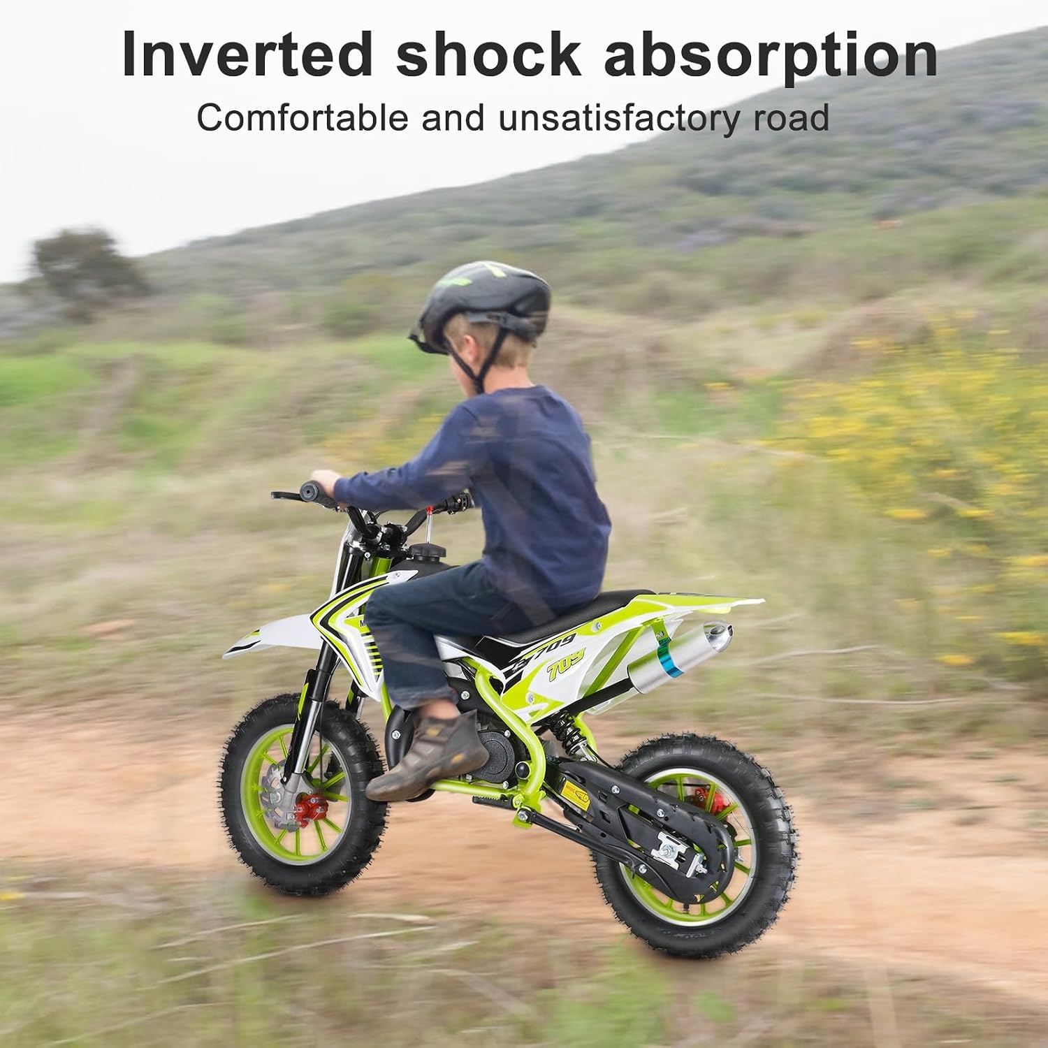 50cc Kids Dirt Bike | Gas Powered Mini Motorcycle for Ages 8-14 with 10' Off-Road Tires & Front-Rear Disc Brakes Green B