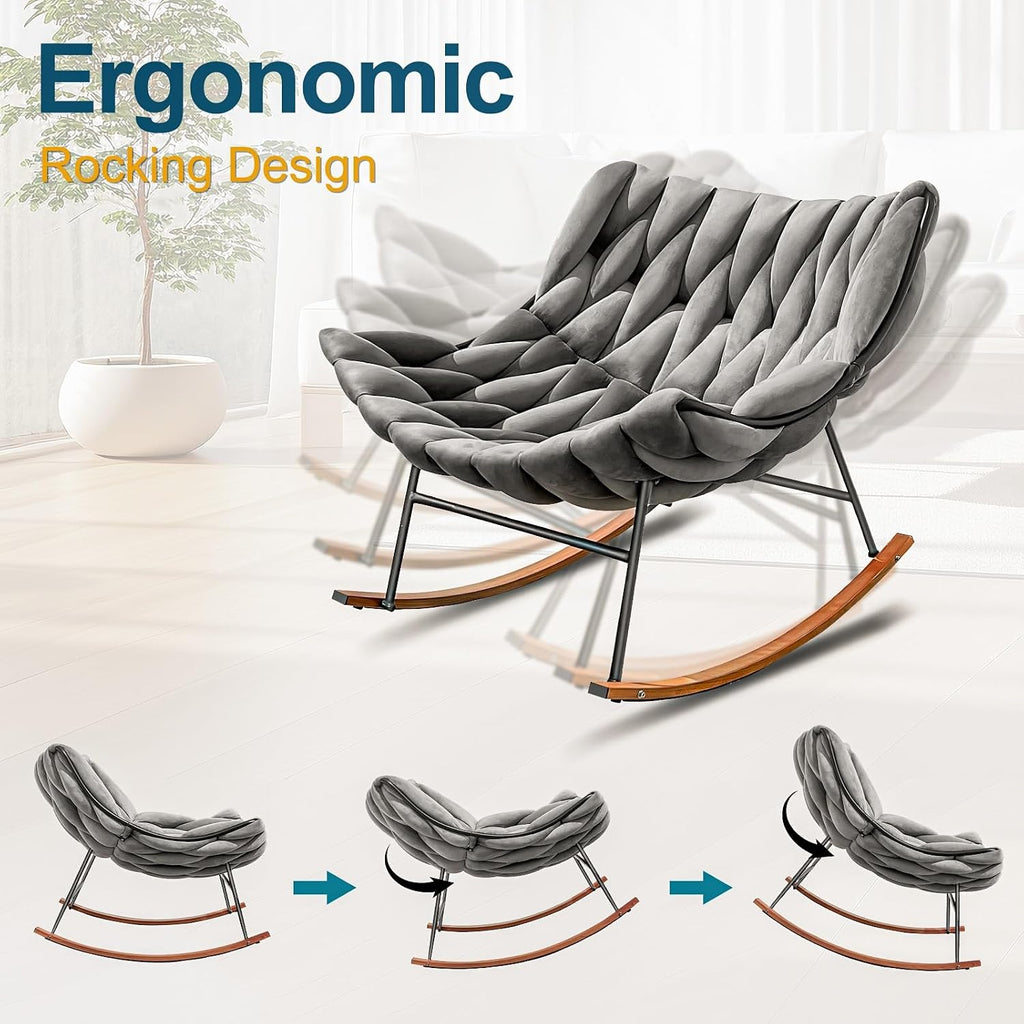 Outdoor Royal Rocking Chair, Velvet Papasan Rocking Chair – 30° Rocker, Outdoor Patio Egg Reclining Lounge Rocking Chair for Balcony Porch Patio, Braided Design