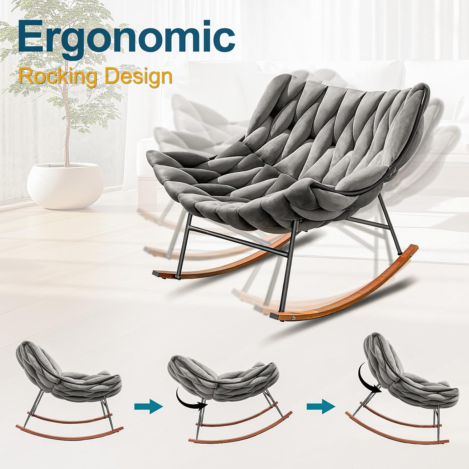 Outdoor Royal Rocking Chair, Velvet Papasan Rocking Chair – 30° Rocker, Outdoor Patio Egg Reclining Lounge Rocking Chair for Balcony Porch Patio, Braided Design