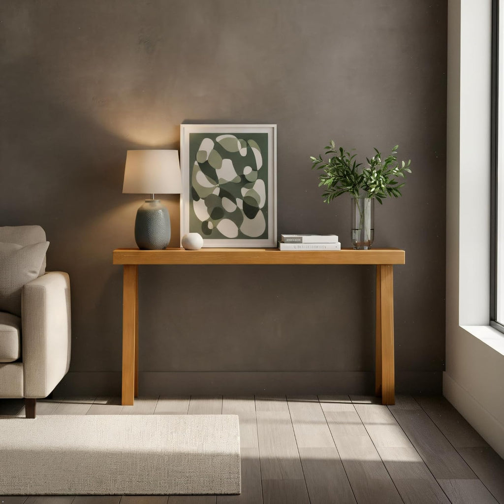 Plank+Beam Solid Wood Console Table, 66 Inch, Sofa Table, Narrow Entryway Table for Hallway, Behind The Couch, Living Room, Foyer, Easy Assembly, Pecan