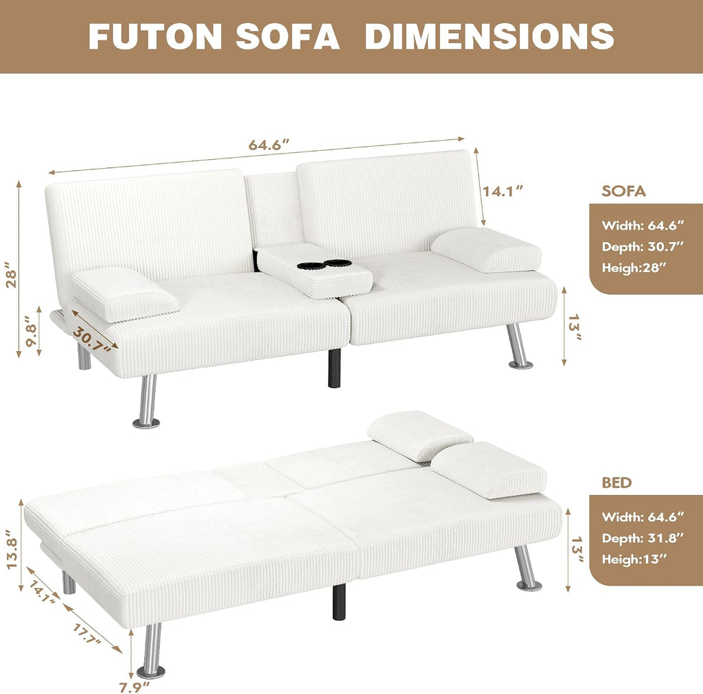 Homall Futon Sofa Bed, Futon Couch with Removable Armrests, Adjustable Recliner Sleeper Sofa Bed with Dual Cup Holders for Living Room, Apartment, Office (Corduroy, White)