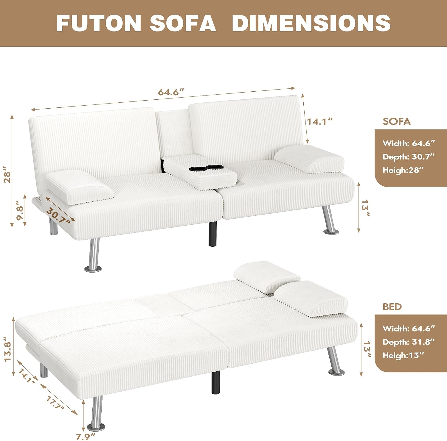 Homall Futon Sofa Bed, Futon Couch with Removable Armrests, Adjustable Recliner Sleeper Sofa Bed with Dual Cup Holders for Living Room, Apartment, Office (Corduroy, White)