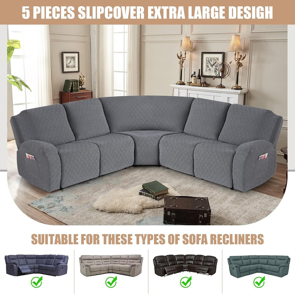 VANSOFY Extra Large Reclining Sectional Couch Covers, Washable 5-Piece Sofa Covers for L Shape Sectional Sofa Corner Seater, Thick, Soft Sofa Slipcovers (5 Seat Recliner Cover, Dark Gray)
